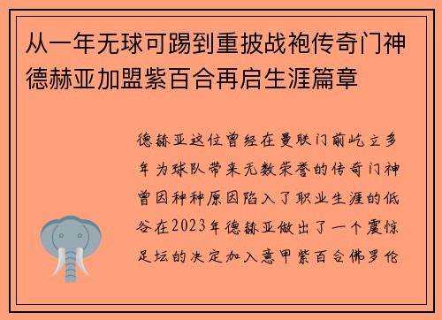 从一年无球可踢到重披战袍传奇门神德赫亚加盟紫百合再启生涯篇章 从一年无球可踢到重披战袍传奇门神德赫亚加盟紫百合再启生涯篇章